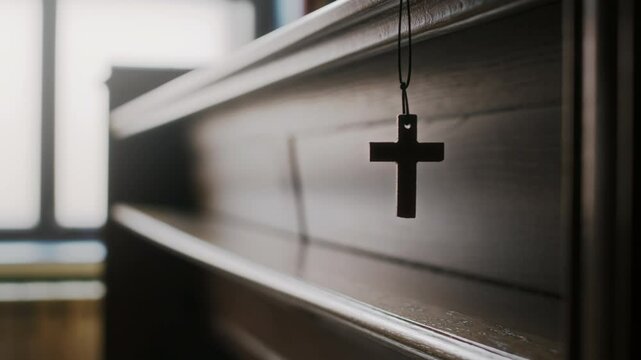 Medium close up of small christian cross on rope hanging on wooden panel inside traditional church, no people