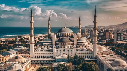 Naklejka premium A crescent moon in the night sky above a mosque background image generative ai