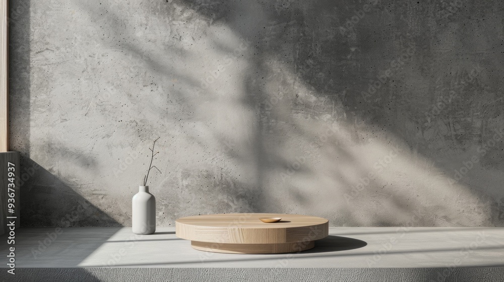 Aufkleber A wooden base rests on a concrete table, beautifully illuminated by natural light. A small vase with a delicate branch adds a touch of simplicity to the serene setting