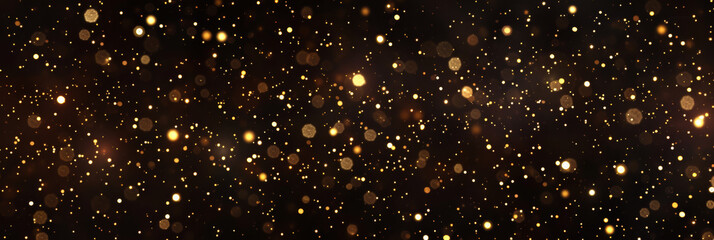 Dark christmas background, gold starry sky, many golden particles floating in the air, top view, black background new years festive
