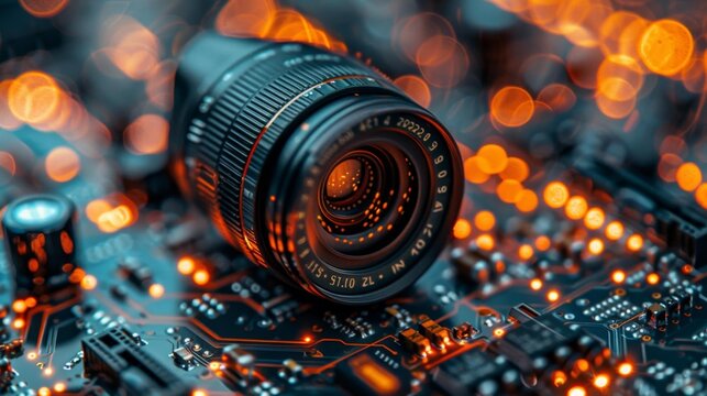 Close-up of a camera lens on a circuit board - generative ai