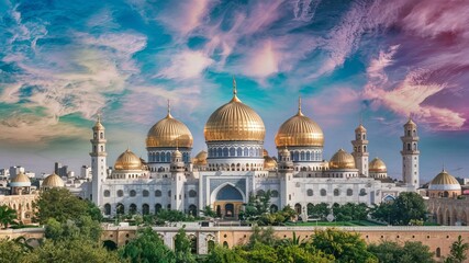 A crescent moon in the night sky above a mosque background image generative ai