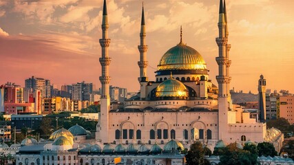 Obraz premium A crescent moon in the night sky above a mosque background image generative ai