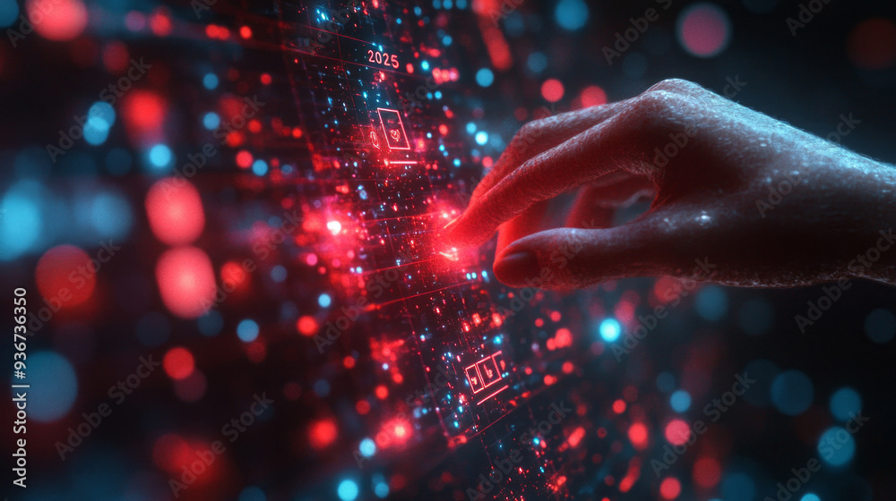 Poster a sleek hand reaches out to engage with a radiantly illuminated digital dashboard, showcasing colorf
