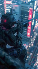 Fototapeta premium A sniper soldier readies his rifle, perched on a rooftop as the city buzzes with nighttime activity illuminated by bright neon lights