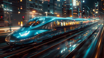 Fototapeta premium High-speed train in a neon city - generative ai