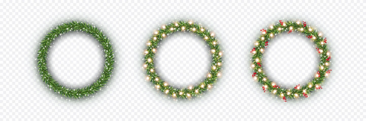 Christmas tree round borders with green fir branches, red berries and gold lights isolated on transparent background. Circle pine, xmas evergreen plants frames. Vector ring garland decoration set © Kindlena