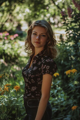 Naklejka premium photo taken in the 2000s with a white woman dressed in 2000s fashion, full body shot, posed, look at camera, garden in background
