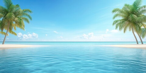 A serene tropical beach scene featuring clear water, soft sand, and lush palm trees under a bright blue sky.