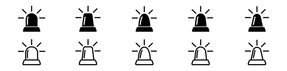 Siren icon set. Attention symbol. Siren lights collection. Silhouette and linear style.