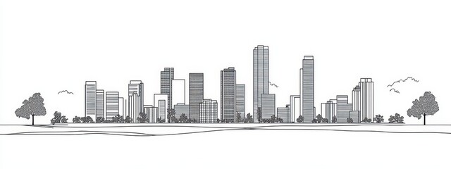 Fototapeta premium Building city line one continuous outline single art sketch skyline. City illustration building line silhouette house doodle apartment construction cityscape urban architecture hand background linear.