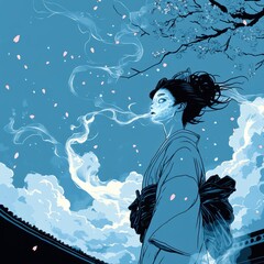 Mystical winter night with kimono-clad woman beneath starry sky and snowfall, exhaling ethereal mist; traditional Japanese art illustration