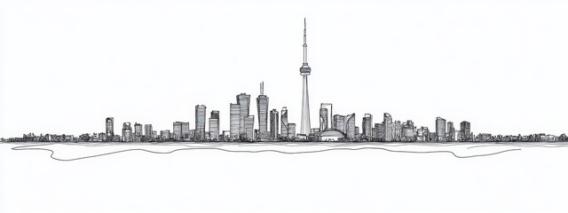Fototapeta premium Building city line one continuous outline single art sketch skyline. City illustration building line silhouette house doodle apartment construction cityscape urban architecture hand background linear.