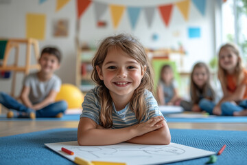 Fototapeta premium Creative learning session with children engaging in drawing activities in a vibrant classroom