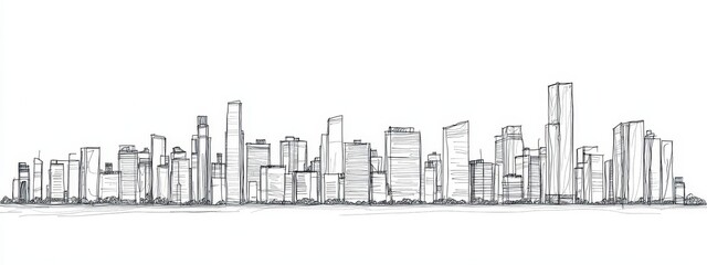 Naklejka premium Building city line one continuous outline single art sketch skyline. City illustration building line silhouette house doodle apartment construction cityscape urban architecture hand background linear.