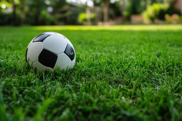 Fototapeta premium A soccer ball rests on lush green grass under soft sunlight, inviting playfulness and excitement in an open field