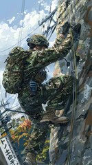 Fototapeta premium A soldier in anime style practices climbing a rock wall, enhancing skills and endurance while surrounded by urban scenery under clear skies