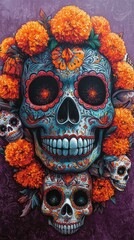 Intricate Day of the Dead sugar skull artwork with vibrant marigolds, celebrating Mexican heritage and artistic expression