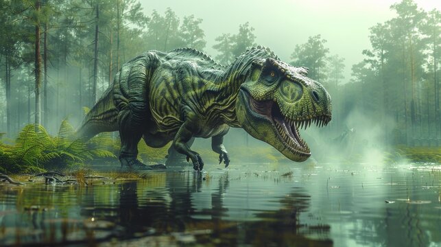 Ferocious dinosaur roaming ancient forest - generative ai - Powered by Adobe