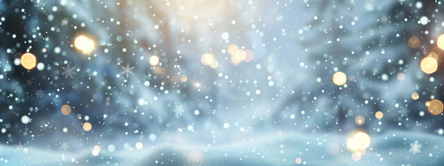 Snow Christmas festive holiday background with bokeh lights and copy space for text, a winter scene with falling white snowflakes on the ground, a winter banner template