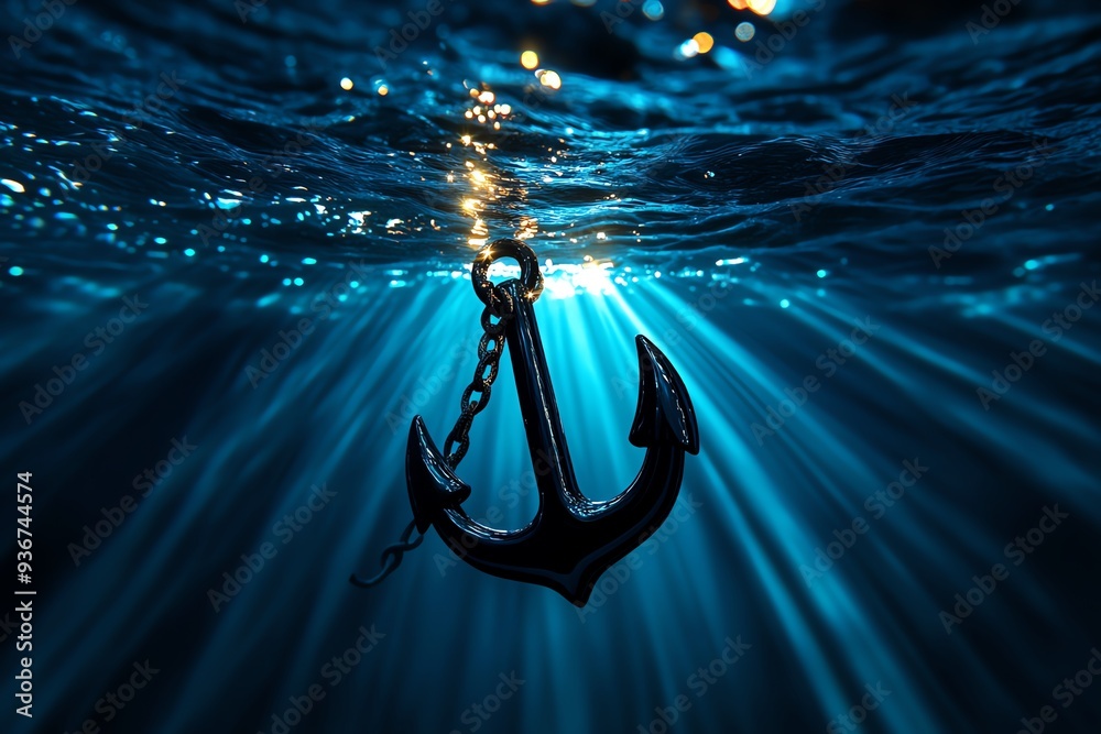Poster a captivating underwater view of an anchor submerged in deep blue water, illuminated by beams of lig