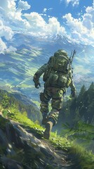 Fototapeta premium A dedicated anime soldier exercises in a vast mountainous terrain, enhancing skills and stamina under the clear sky