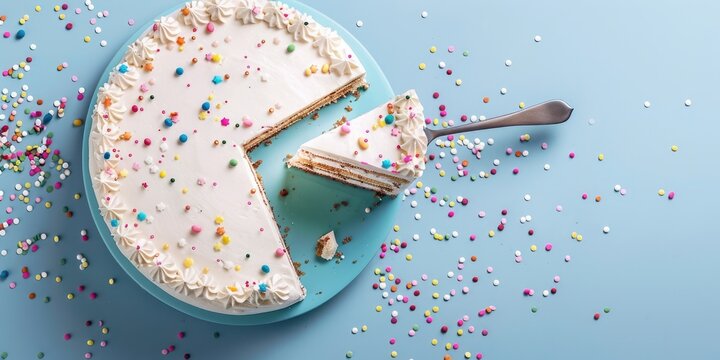 Elegant white birthday cake with a slice removed, viewed from above, featuring a charming server lifting a piece decorated with colorful sprinkles.