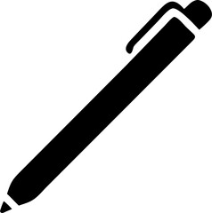 A black and white silhouette depiction of a pen on a plain white background