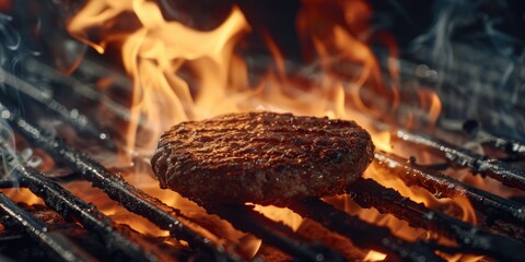 Grilled burger patty over an open flame