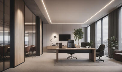 Fototapeta premium A modern office space with a large desk, two chairs, and a view of the city through large windows