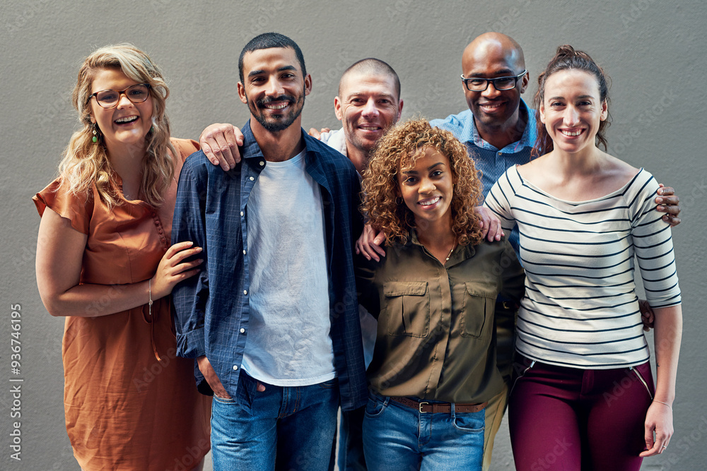 Sticker Happy creative people, portrait and diversity with unity for company growth together on a wall background. Group of diverse business employees, team or designers with smile for startup or about us