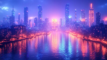 Fototapeta premium Neon city skyline reflected on water at night - generative ai