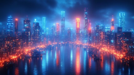 Fototapeta premium Futuristic cyberpunk cityscape at night - generative ai