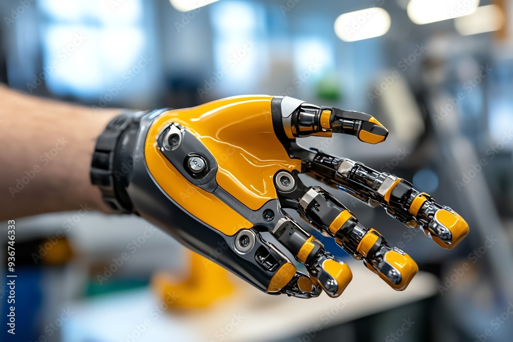 Poster a close-up of a futuristic robotic hand, showcasing detailed mechanical features and a vibrant yello