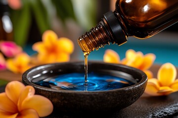 A close-up of essential oil pouring from a bottle into a bowl, surrounded by vibrant flowers, evoking relaxation and wellness.