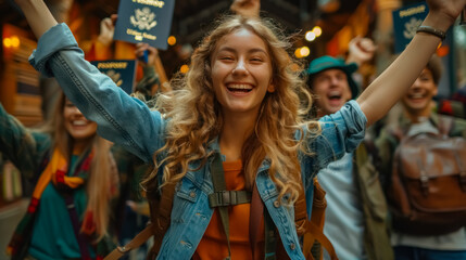 Obraz premium Four joyful individuals show off their newly acquired American passports, celebrating the beginning of new adventures