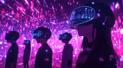 A team of researchers exploring a virtual reality environment filled with data streams and holographic landscapes