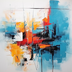 Abstrakcja - tło, nieregularne kształty w kolorach - niebieskim, czerwonym, czarnym i pomarańczowym