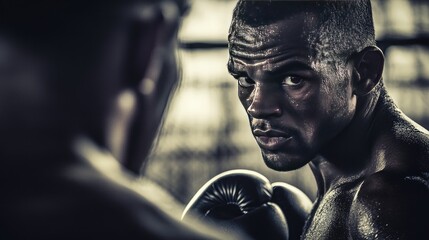 Boxing coach giving last-minute advice to a boxer in the corner between rounds, with intense focus