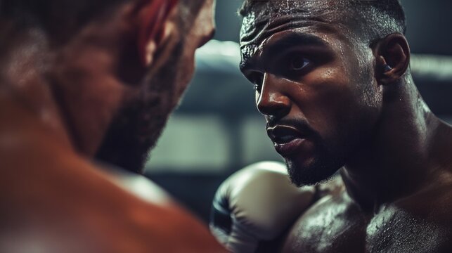 Boxing coach giving last-minute advice to a boxer in the corner between rounds, with intense focus - Powered by Adobe