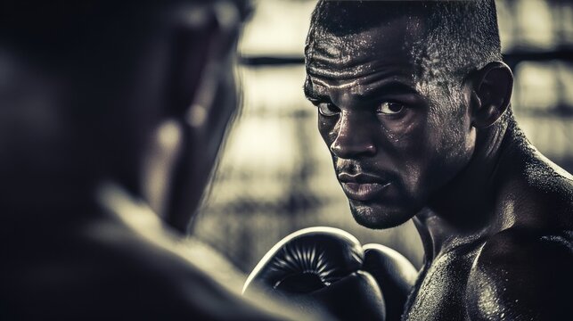Boxing coach giving last-minute advice to a boxer in the corner between rounds, with intense focus - Powered by Adobe