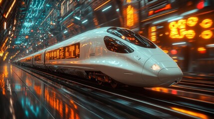 Fototapeta premium Futuristic high-speed train in a neon-lit station - generative ai
