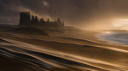 Obraz premium Ancient Castle Silhouetted at Sunset with Rolling Sand Dunes