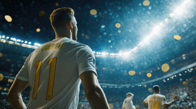 Professional soccer player scoring a goal in a packed stadium under bright floodlights, celebrating with teammates