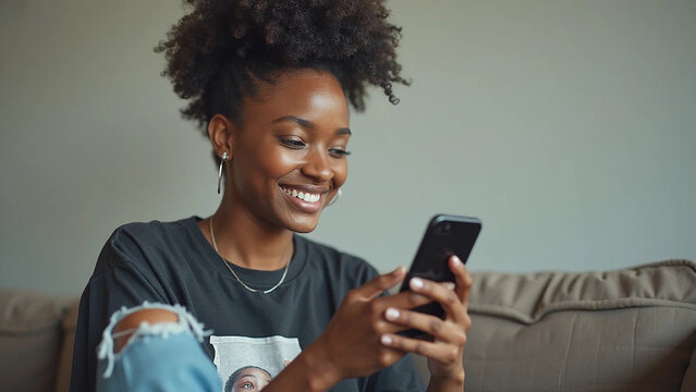 Young afro-american woman using mobile phone, 16:9 widescreen, 300 dpi, with free space for text