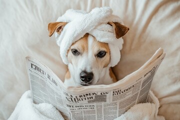 dog in towel on head in bed resting and reading newspaper, in bedroom under the blanket , early in the morning