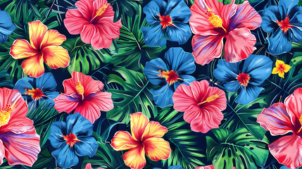 Vibrant Tropical Floral Pattern with Leaves
