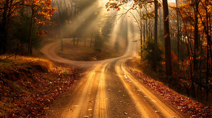 Sunlit Autumn Forest Path with Golden Leaves