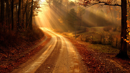 Obraz premium Sunlit Autumn Forest Path with Golden Leaves