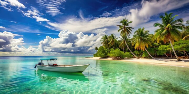 turquoise ocean, powdery white sand beach, and lush palm trees surround a small boat, bathed in warm sunlight and fluffy clouds.